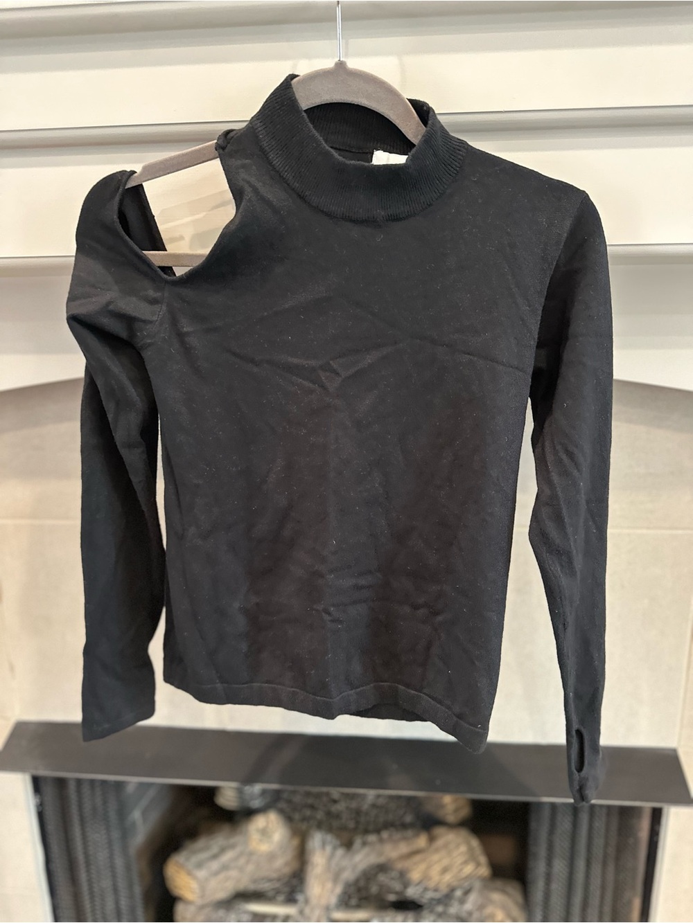 Asymmetrical Cutout Mock Neck Long Sleeve Top - Black